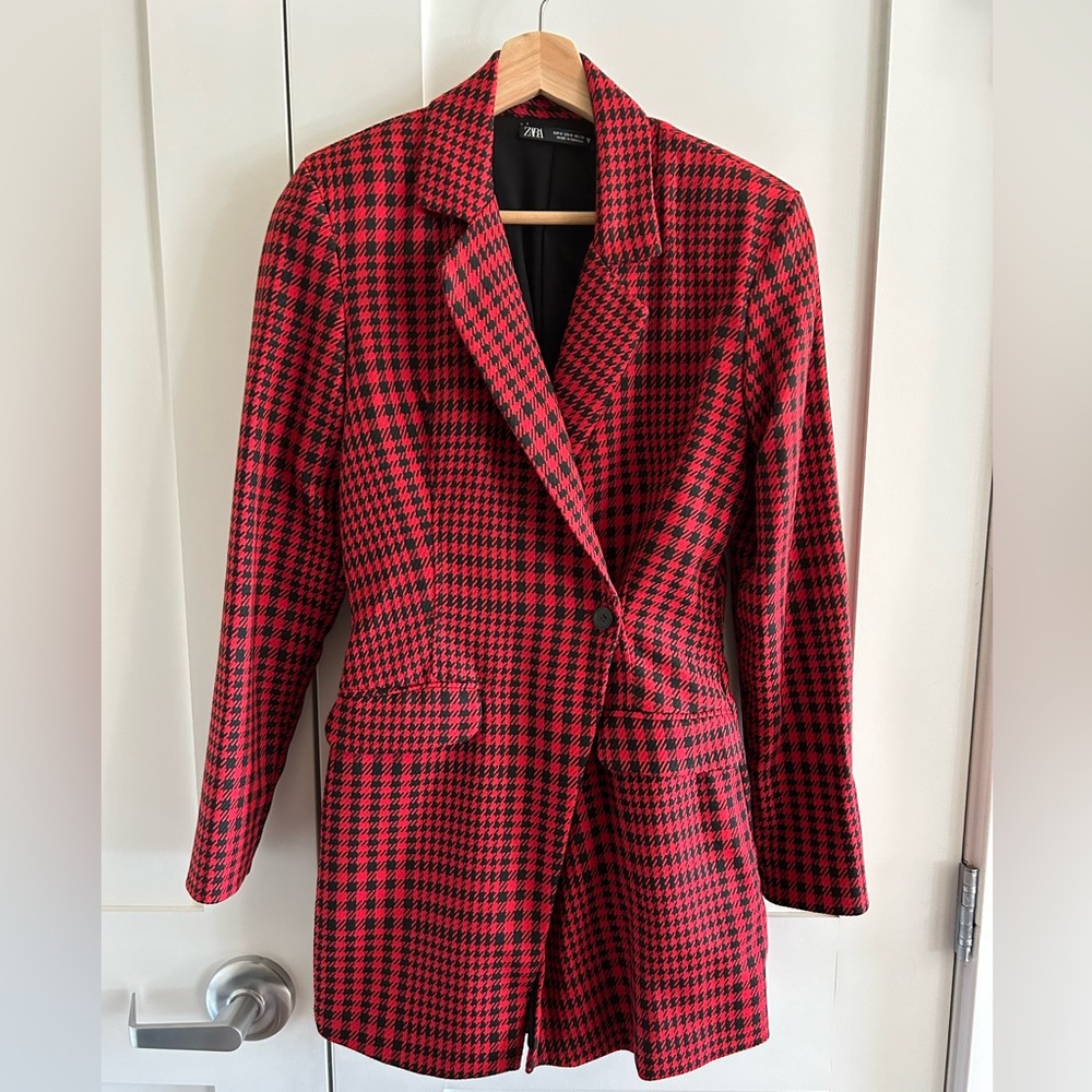 Zara red houndstooth blazer romper S